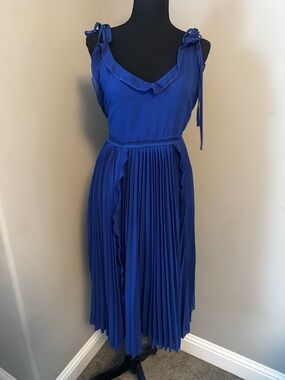 Lulu's Cobalt Blue Pleated Midi Dress with Shoulder Ties